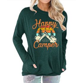 new women's pocket sweater Happy Camper print round neck long sleeve t-shirt (Color: Army Green, size: L)