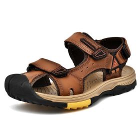 New Fashion Breathable Men Sandals Genuine Leather Summer Beach Shoes Men Slippers Causal Shoes Hiking Sandals Plus Size 38-46 (Color: Auburn, size: 45)