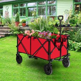 Outdoor Folding Wagon Cart with Adjustable Handle and Universal Wheels (Color: Red)